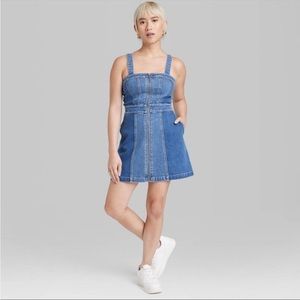 NEW- Women's Denim Mini Pinafore - Wild Fable Medium Wash Patchwork - Size Small